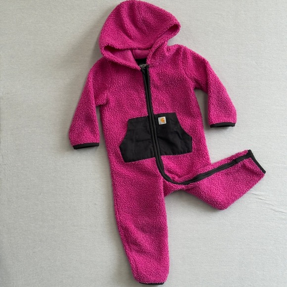 Carhartt Baby Fleece Hooded Coverall Bunting Suit Pink Black Trim 18 Months - Picture 1 of 10